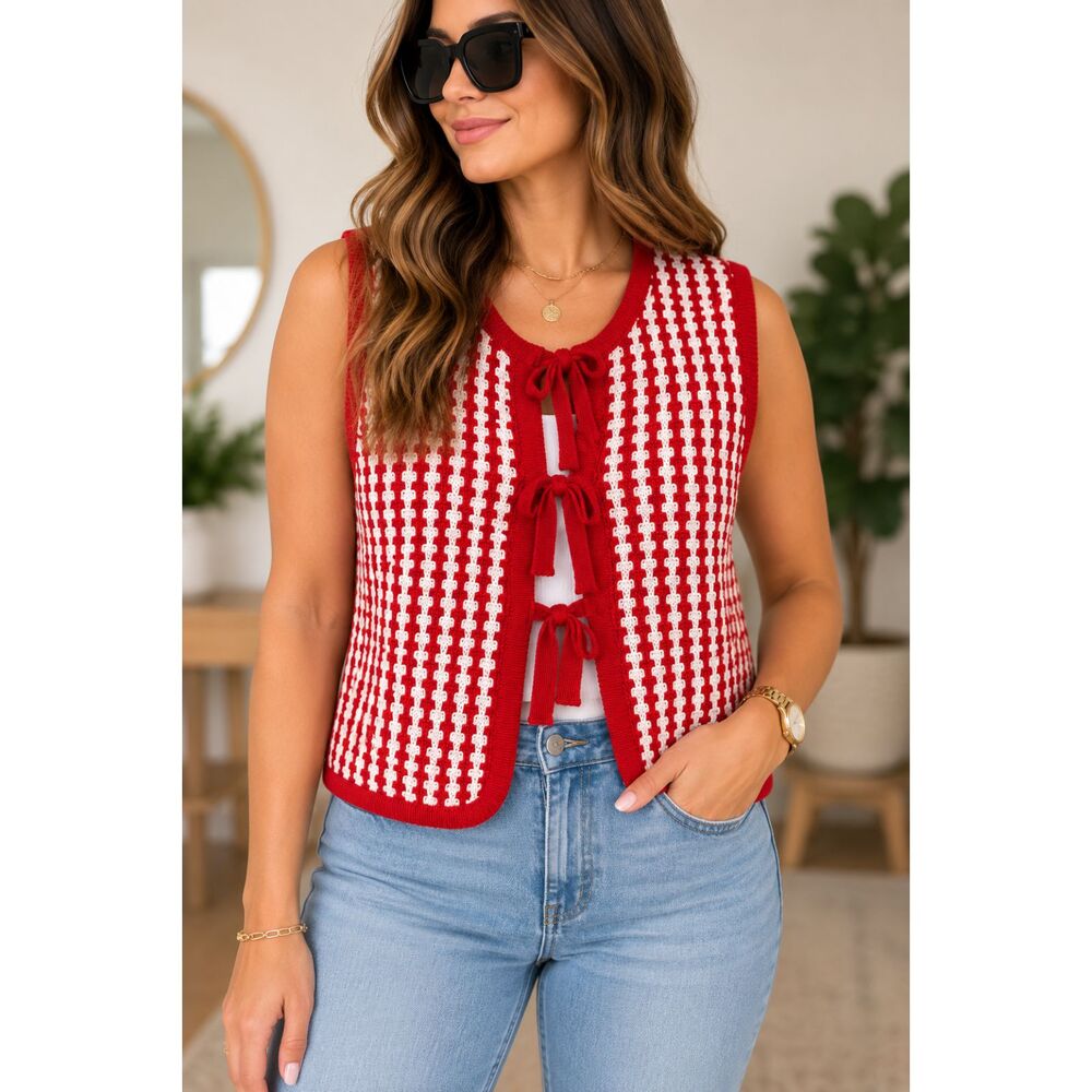 Knit Red & White Tie-Front Top